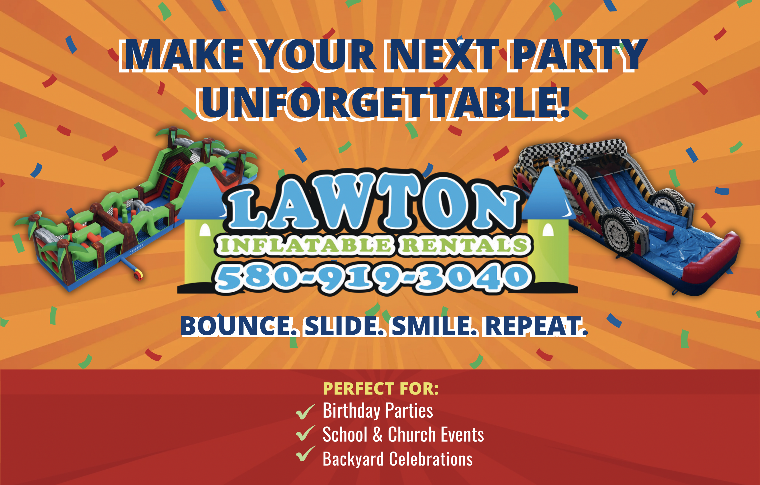 Lawton Inflatables Banner — Bounce. Slide. Smile.